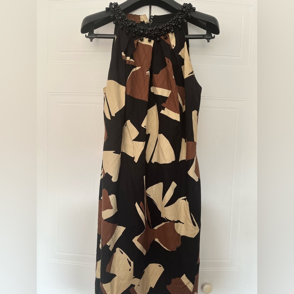 Chetta B Black and Tan Dress with Beaded Neckline